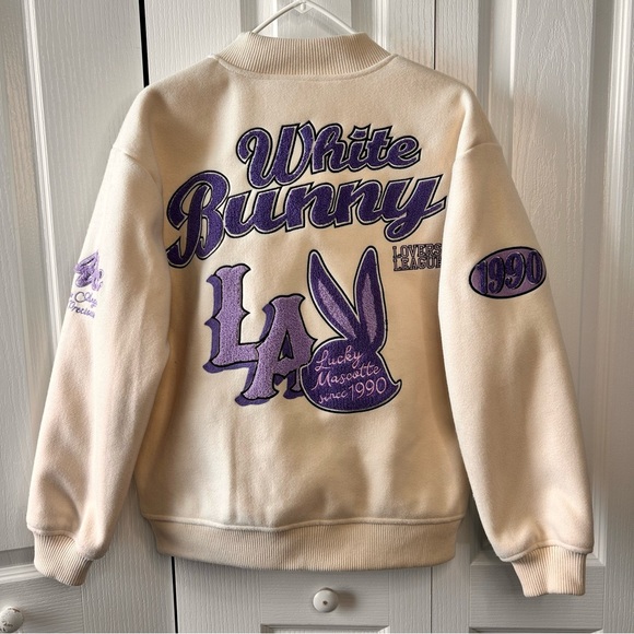 Alcott Women’s White Bunny Purple Patches Bomber Varsity Jacket Size Small Lined - Picture 8 of 12